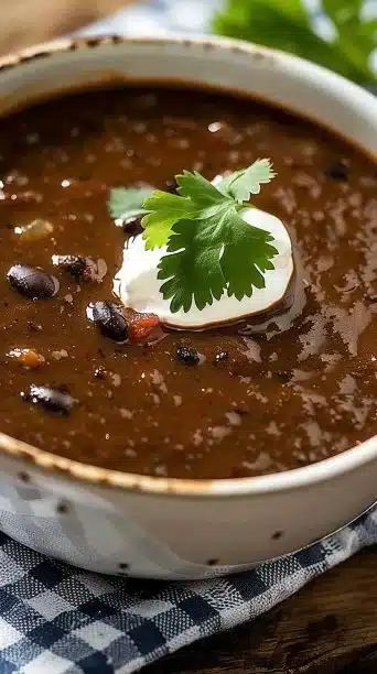 Hearty crockpot high protein black bean soup with fresh ingredients