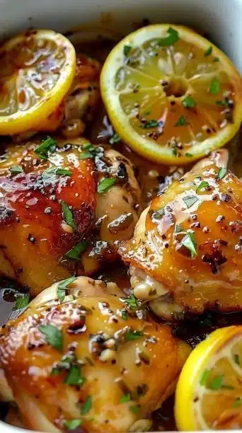 Crockpot Lemon Garlic Chicken Thighs served on a plate with herbs and lemon slices