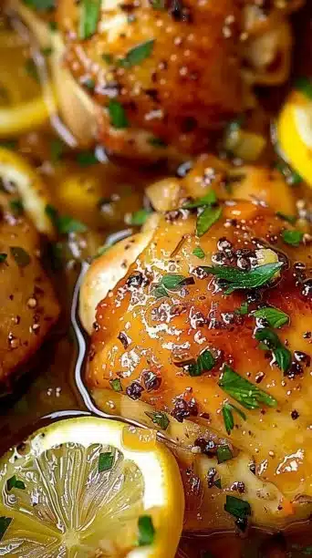 Crockpot Lemon Garlic Chicken Thighs served on a plate with herbs and lemon slices