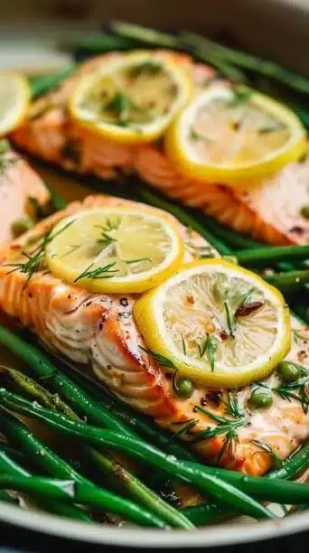 Crockpot Lemon Garlic Salmon served with fresh green beans