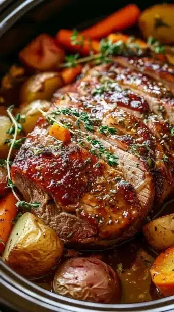 Crockpot Maple Dijon Pork served with colorful winter vegetables