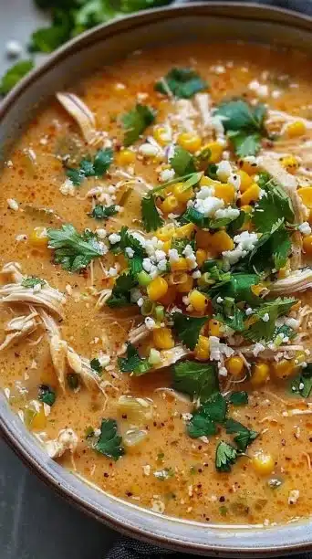 Crockpot Mexican Street Corn Soup garnished with cilantro and lime.