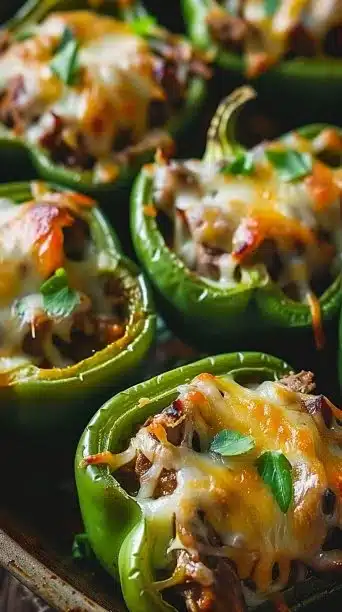 Crockpot Philly cheesesteak stuffed peppers with melted cheese and peppers