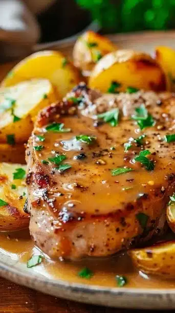 Crockpot pork chops with potatoes served in a bowl
