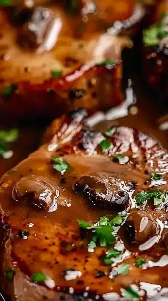 Crockpot pork chops simmering in rich gravy for a delicious dinner.