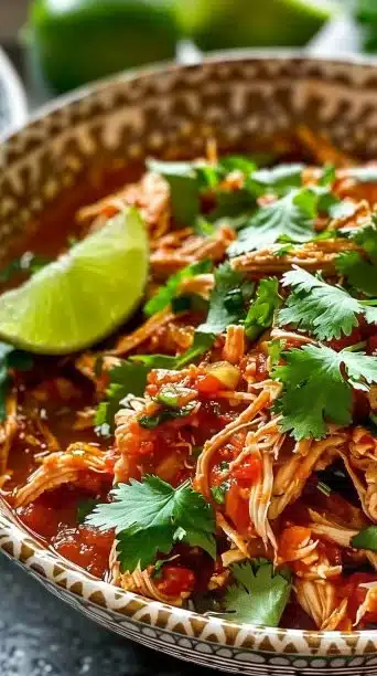 Crockpot Salsa Chicken served with fresh cilantro and lime