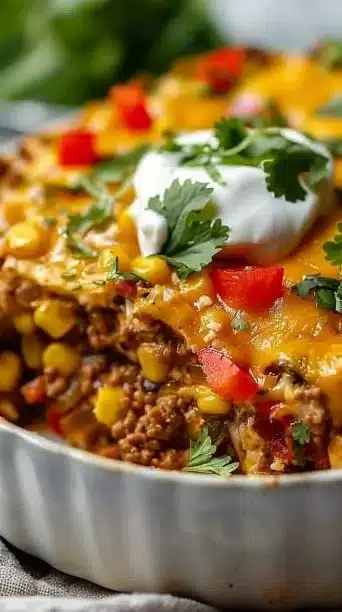 Delicious Crockpot Taco Casserole served in a bowl with toppings