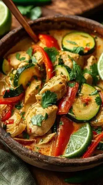 Crockpot Thai Coconut Chicken Curry served in a bowl with fresh garnishes