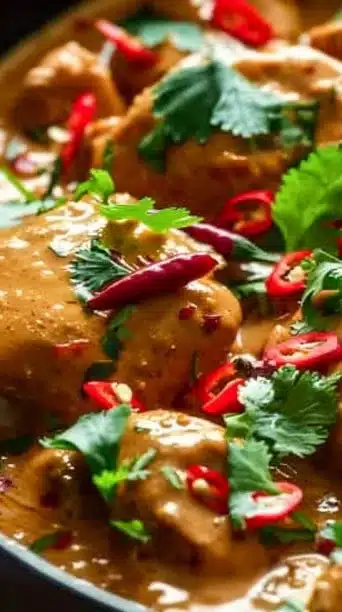 Crockpot Thai Peanut Chicken served with rice and vegetables