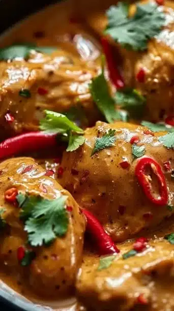 Crockpot Thai Peanut Chicken prepared with veggies and spices in a slow cooker.