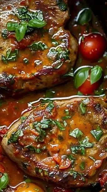 Delicious Crockpot Tomato Basil Pork Chops served on a plate