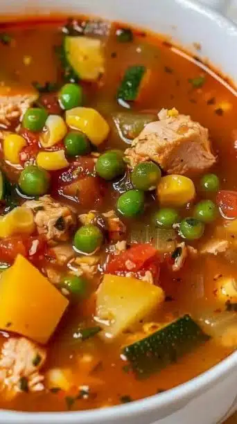 Crockpot turkey and vegetable soup in a bowl, garnished with herbs.