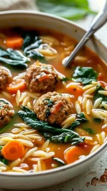 A bowl of hearty Crockpot Turkey Meatball Soup garnished with fresh herbs