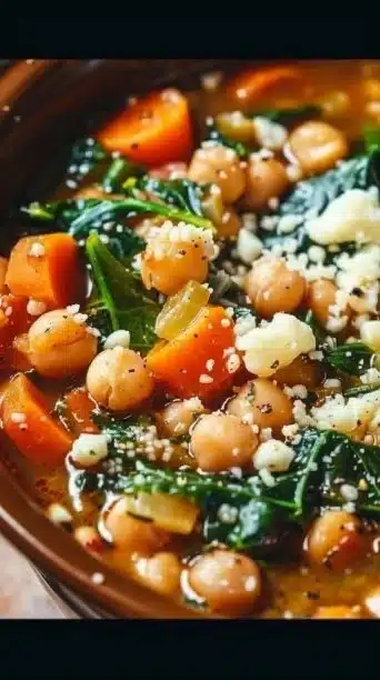 Crockpot Vegan Chickpea Stew in a bowl with fresh herbs.