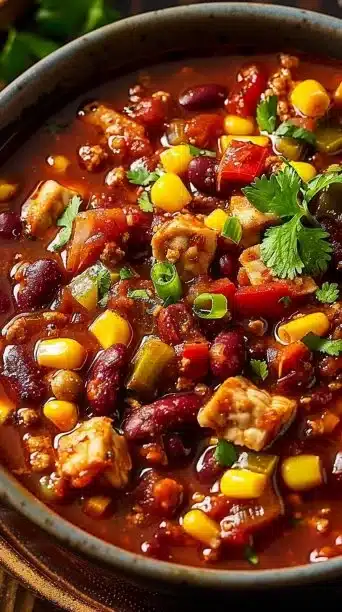 Bowl of Crockpot Vegan Tempeh Chili topped with fresh herbs