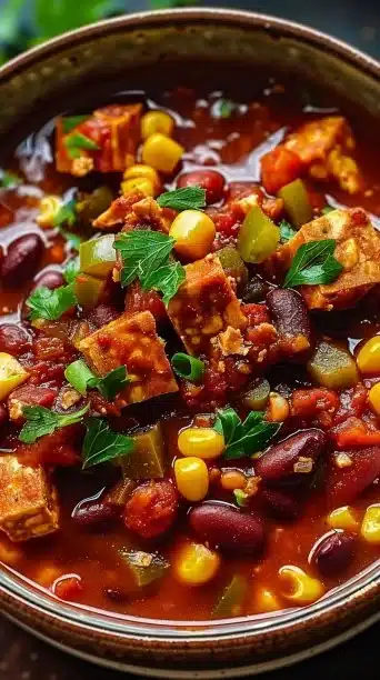 Bowl of Crockpot Vegan Tempeh Chili topped with fresh herbs and spices