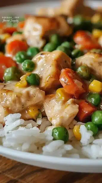 Delicious crustless chicken pot pie served in a bowl with veggies.