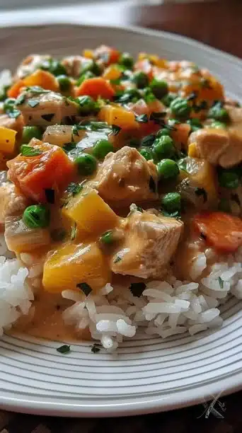 A bowl of crustless chicken pot pie filled with chicken and vegetables