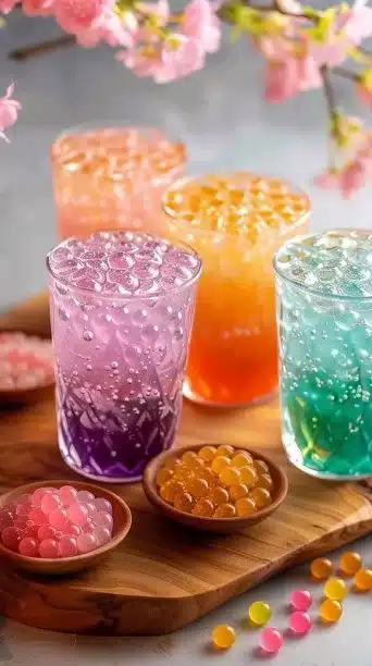 Delicious Crystal Boba pearls for bubble tea in a clear glass with a straw
