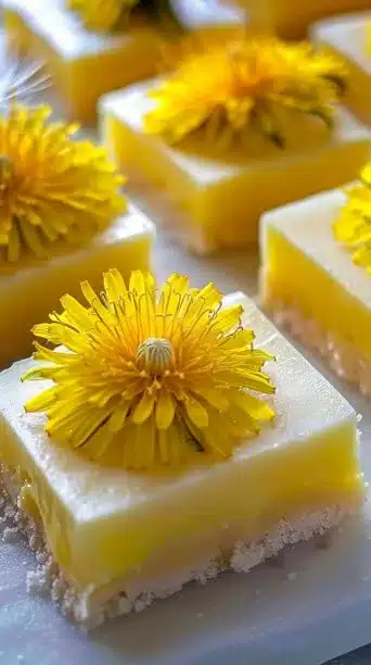 Delicious Dandelion Lemon Bars topped with powdered sugar and garnished with fresh lemon slices.