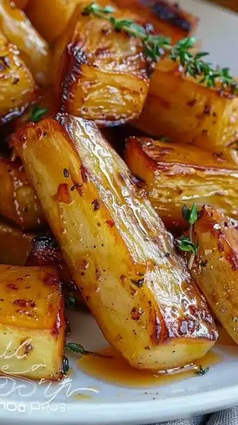 Maple roasted parsnips with thyme on a plate, perfect for a cozy dinner.