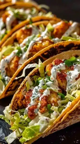 Delicious Dill Pickle Ranch Smash Chicken Tacos topped with crispy cheese lace