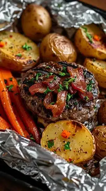 Easy beef burger foil packets ready for grilling or baking.