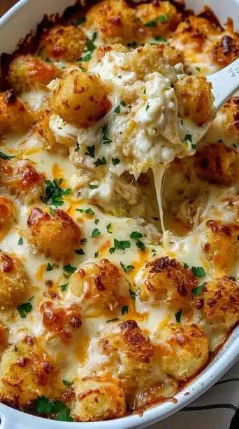 Easy Chicken Alfredo Tater Tot Casserole with creamy sauce and crispy tots.