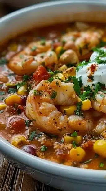 Bowl of creamy seafood chili with shrimp and garnishes