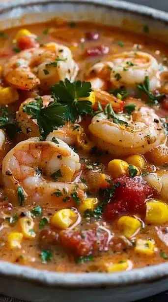 Bowl of easy creamy seafood and shrimp chili topped with fresh herbs.