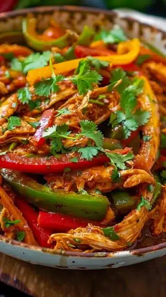 Delicious serving of easy crockpot fajitas in a bowl with colorful peppers and onions.