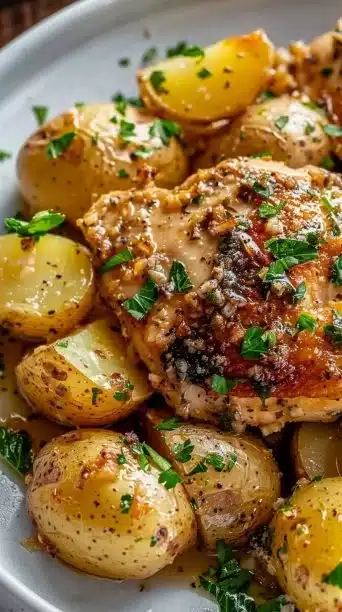Easy garlic parmesan chicken and potatoes in a Crockpot, a delicious comfort food meal.
