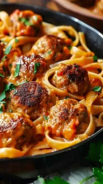Delicious one pot creamy Cajun beef meatball pasta in a bowl