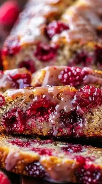 Sliced easy raspberry bread with fresh raspberries on the side