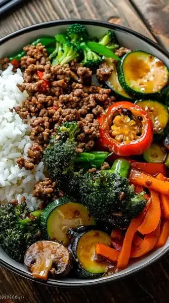 Healthy beef veggie bowl featuring colorful vegetables and tender beef for a quick dinner.