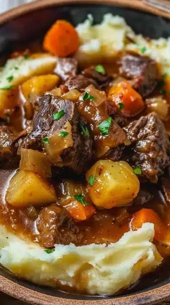 Bowl of fall apple cider stew with vegetables and spices