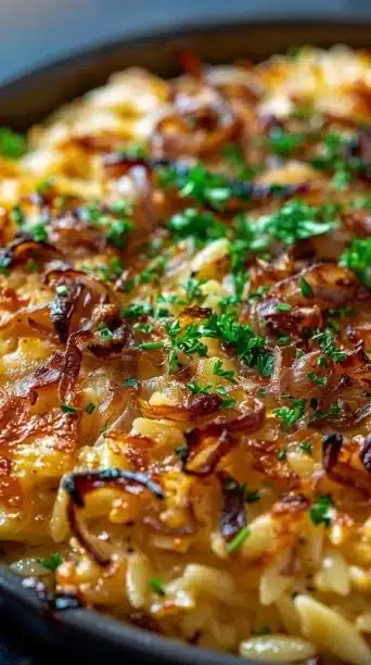 French Onion Chicken Orzo Casserole