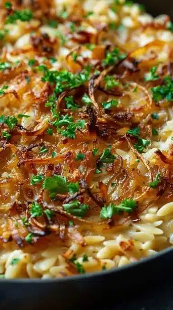 French Onion Chicken Orzo Casserole