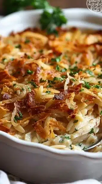 French Onion Chicken Orzo Casserole