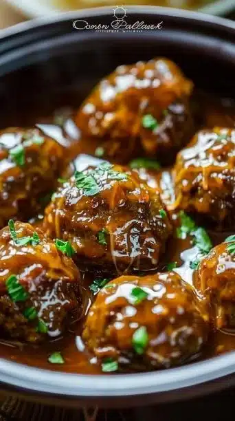 Plate of French onion meatballs topped with melted cheese and herbs