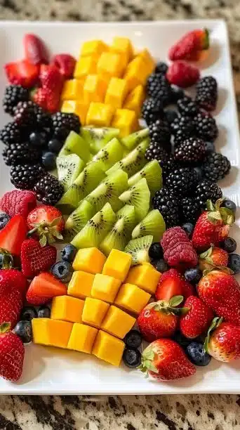 Colorful fresh fruit platter with seasonal fruits including berries, melons, and citrus.