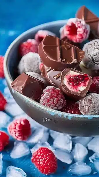 A bowl of frozen chocolate raspberries ready to enjoy as a delicious snack