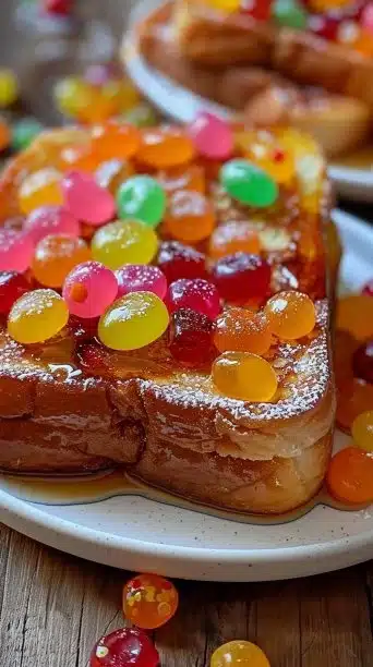 Delicious Fruity PEBBLES French Toast topped with colorful cereal and syrup.