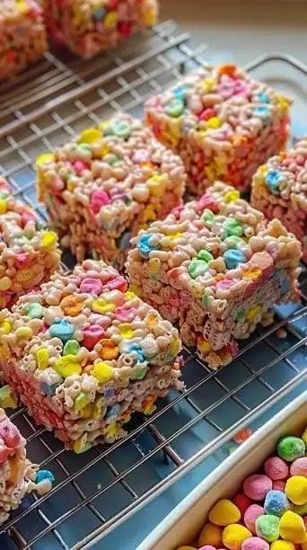 Fruity Pebbles Rice Krispie Treats in a colorful display on a plate.