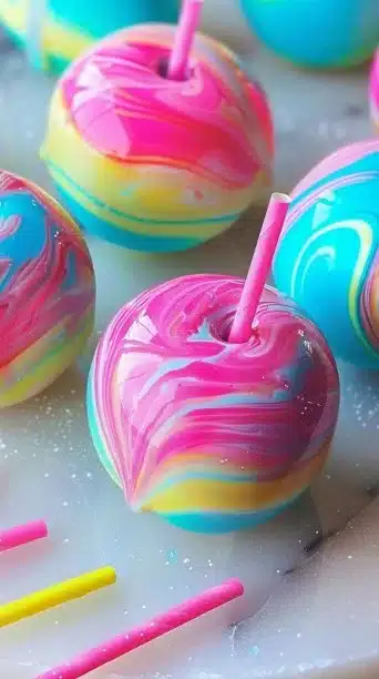 Delicious galaxy candy apples with vibrant colors and cosmic designs.
