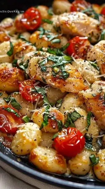 Delicious Garlic Chicken Gnocchi Skillet served in a pan