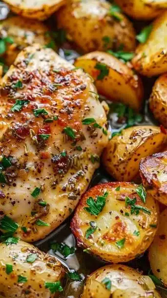 Delicious Garlic Parmesan Chicken and Potatoes cooked in a crockpot