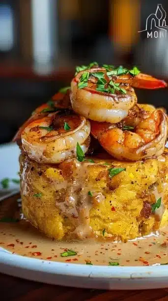 Plate of Garlic Shrimp Mofongo served with vibrant garnishes