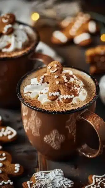 A steaming mug of Gingerbread Hot Cocoa topped with whipped cream and gingerbread cookies.