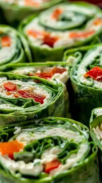 Gluten free cottage cheese wrap pinwheels served on a plate